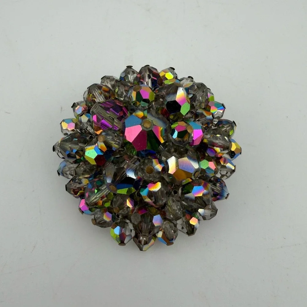 Vintage Dome Crystal Brooch Multicolor AB Aurora Borealis Cluster Filigree Retro